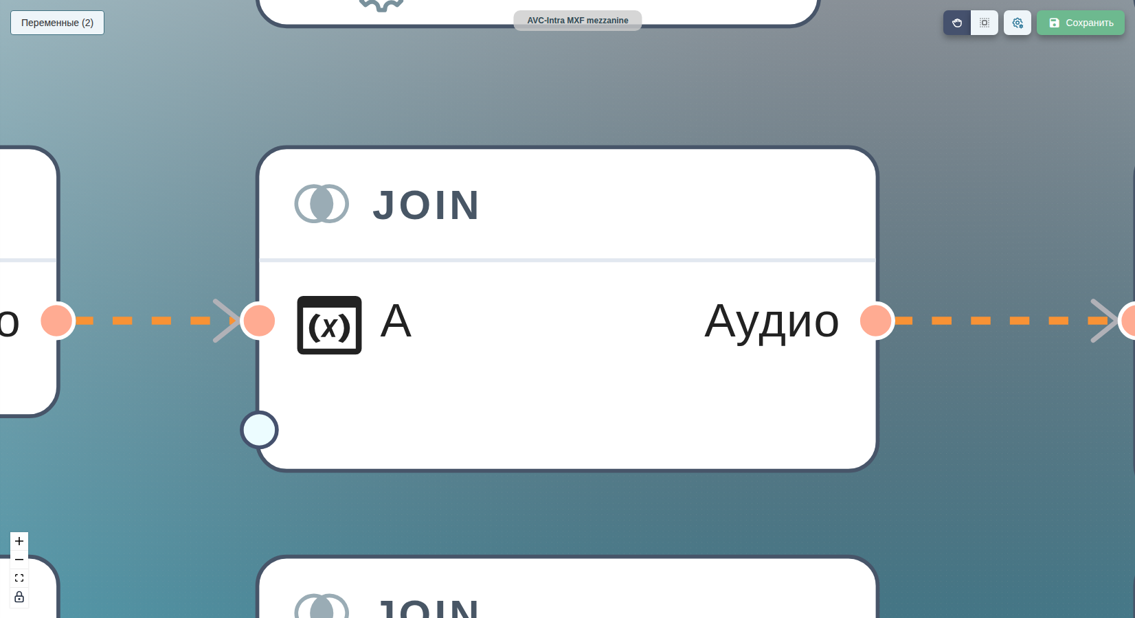 af/join с шестью канальными контактами (FL/FR/FC/LFE/BL/BR) на холсте.