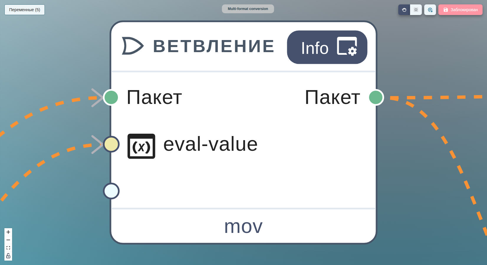 Узел decide в центре холста с входами Package и VideoHeight, питающими ветвь SD.