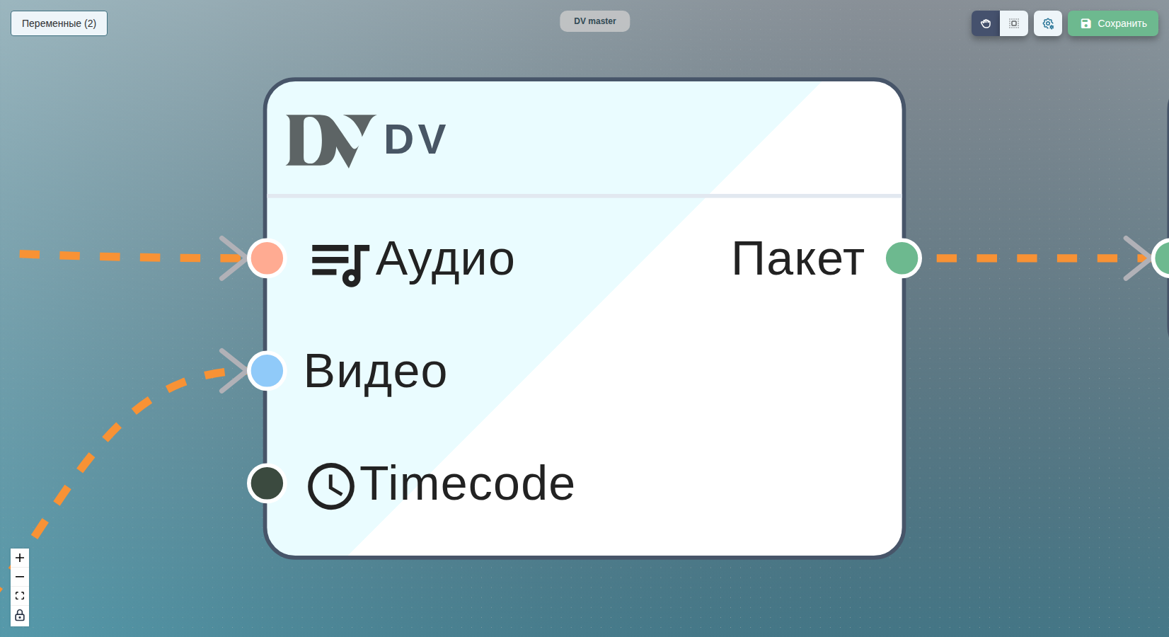 dv подключён между map/audio, map/video, map/timecode и узлом upload.